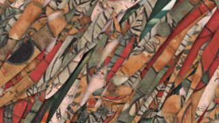 A collage of image fragments from cultural heritage material with hues of red, orange, and green