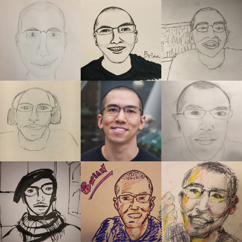 A three-by-three matrix of drawn portraits of Brian Foo with a photo of him in the middle