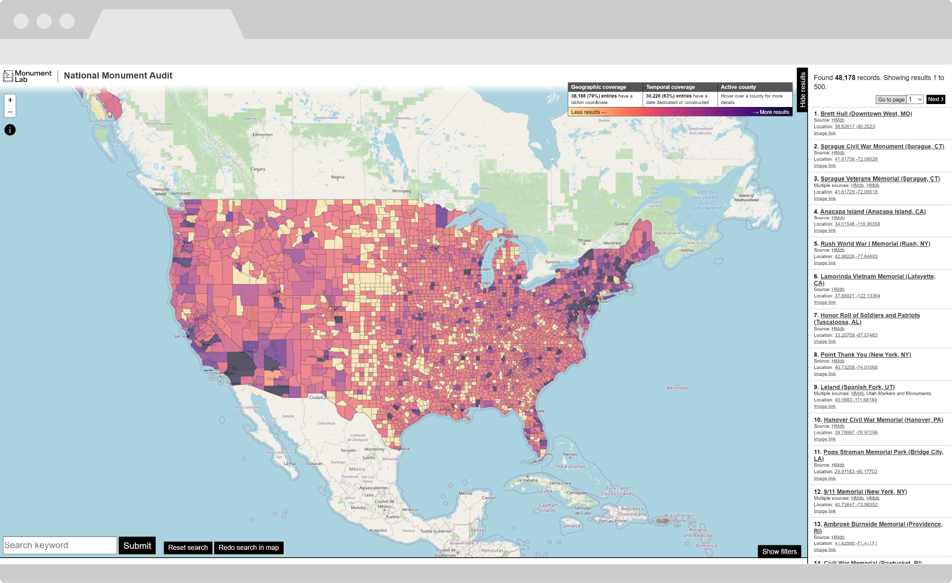 A browser interface with a color coded map and a list of search results on the right-hand column