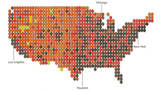 A map of the united states represented with small circles that are colored in based on the area's carbon emissions