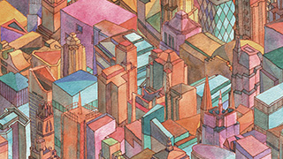 Pastel-colored, watercolored, and densely-packed illustrations of buildings of New York City
