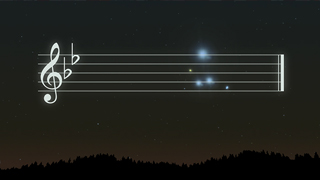 A musical staff superimposed on a night sky with stars