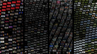 Four columns of densely-packed video frame stills laid out in a geometric pattern