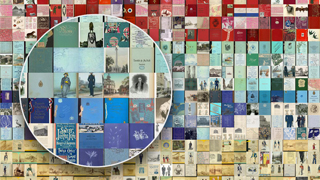 A mosaic of images organized by color with a circle that is magnifying a section