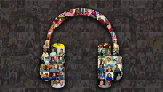 A graphic of headphones superimposed on top of a mosaic of images of people