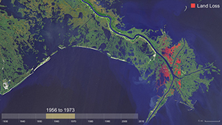A satellite image of the Lousiana coast with land loss highlighted in red